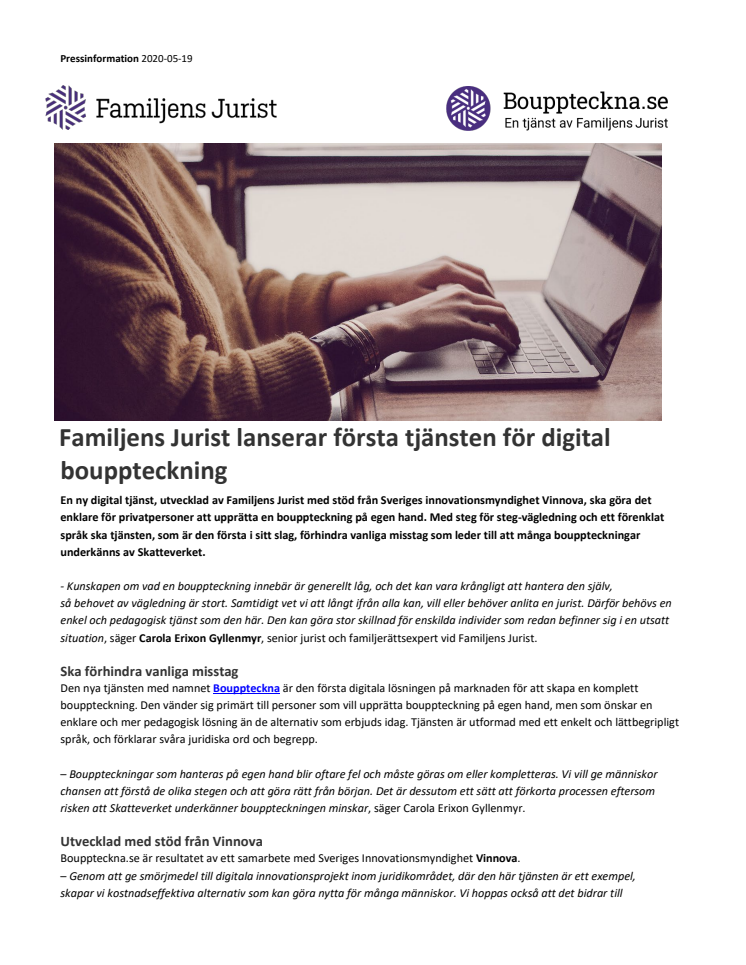 Familjens Jurist lanserar första tjänsten för digital bouppteckning