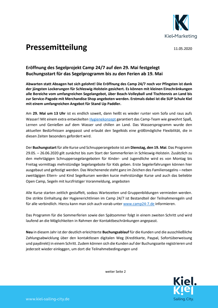 Leinen los! Das Segelprojekt Camp 24/7 in Kiel eröffnet am 29. Mai 2020. 