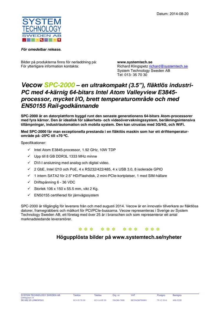 Vecow SPC-2000 – en ultrakompakt och fläktlös industri-PC med Rail-godkännande
