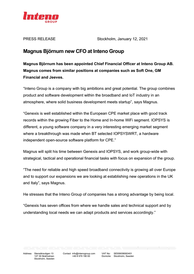 Magnus Björnum new CFO at Inteno Group