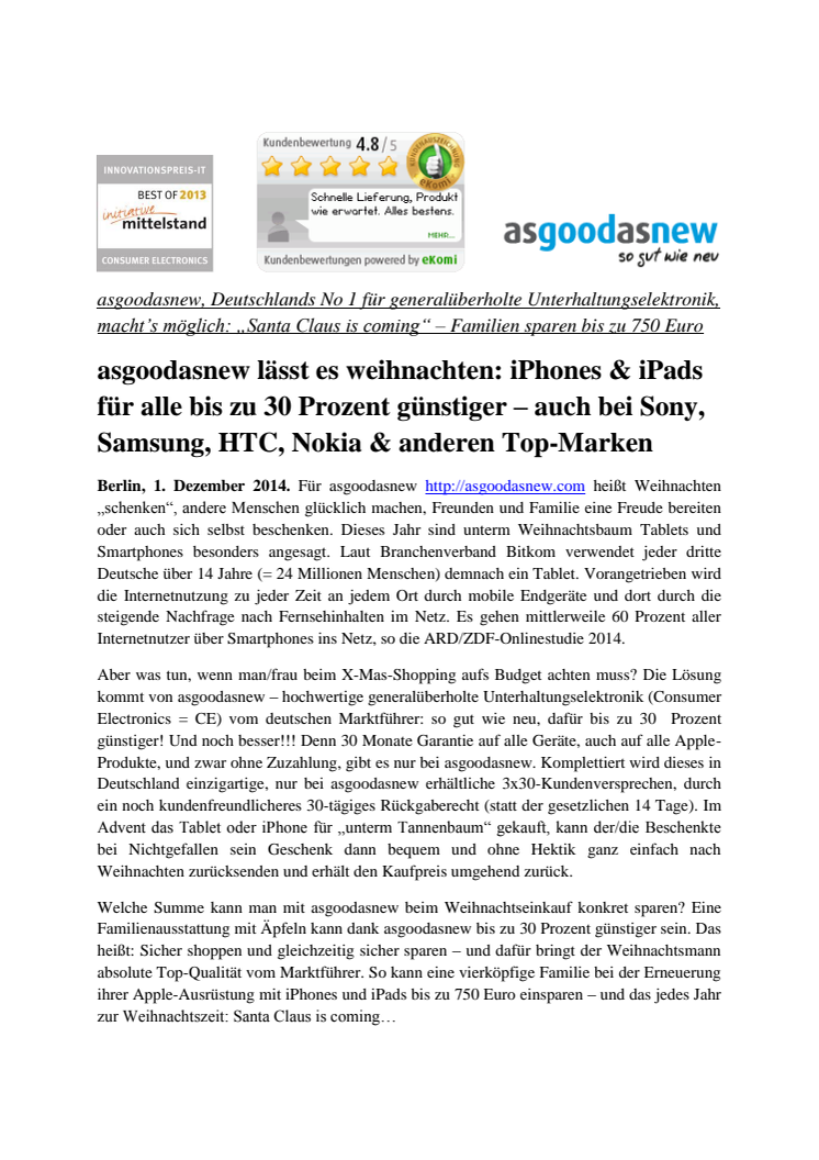 asgoodasnew lässt es weihnachten: iPhones & iPads für alle bis zu 30 Prozent günstiger – auch bei Sony, Samsung, HTC, Nokia & anderen Top-Marken