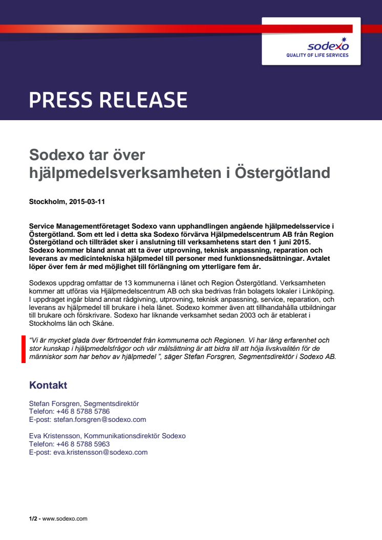 Sodexo tar över hjälpmedelsverksamheten i Östergötland