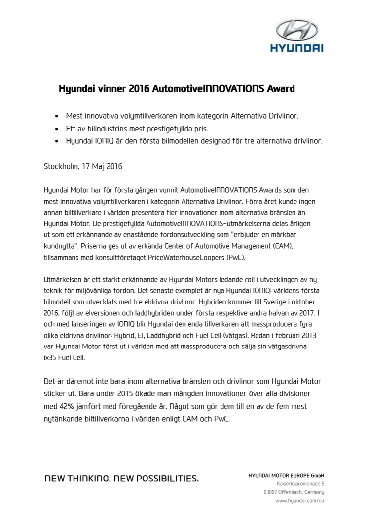Hyundai vinner 2016 AutomotiveINNOVATIONS Award 