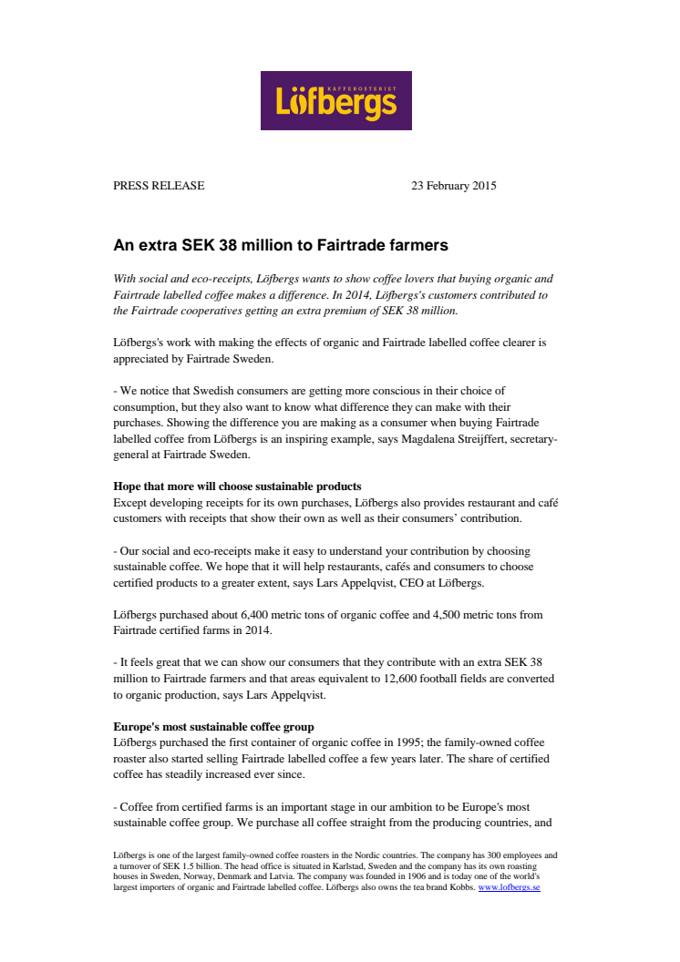 An extra SEK 38 million to Fairtrade farmers