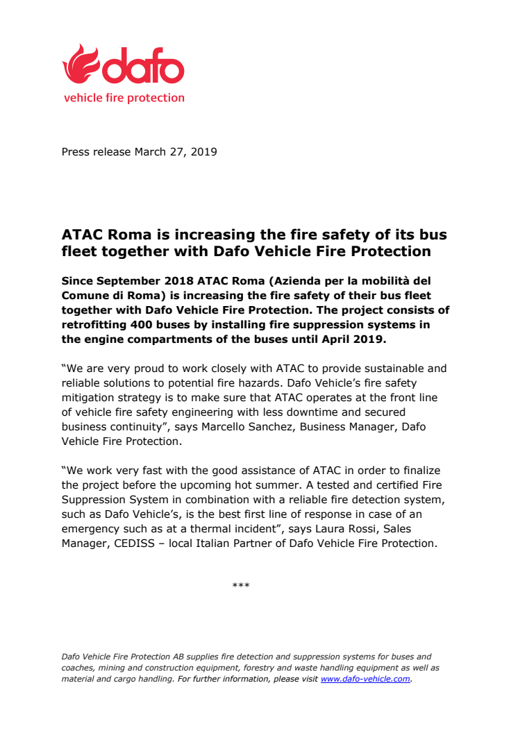 ATAC Roma is increasing the fire safety of its bus fleet together with Dafo Vehicle Fire Protection