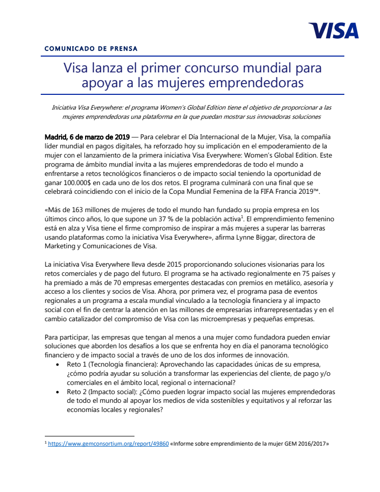 Visa lanza el primer concurso mundial para apoyar a las mujeres emprendedoras