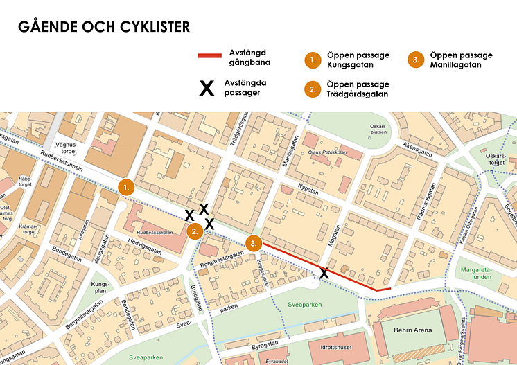 Karta Rudbecksgatan: gående och cyklister