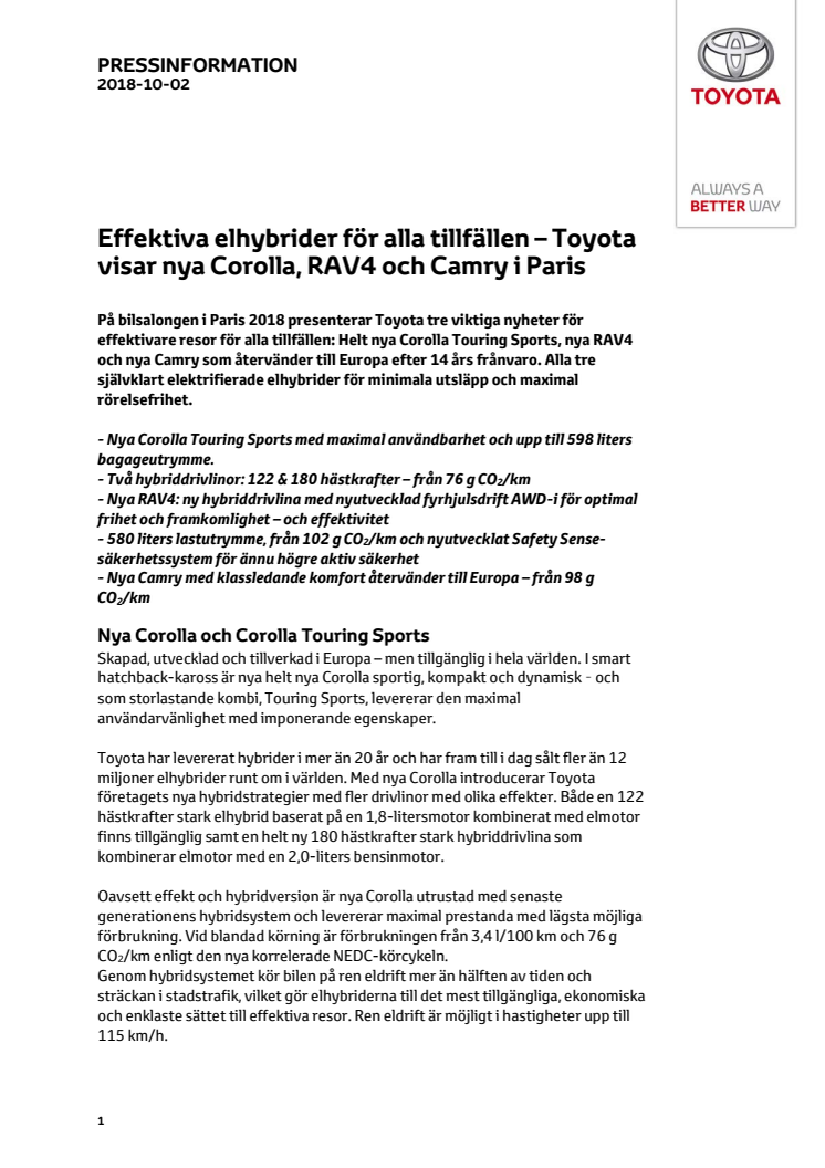 Effektiva elhybrider för alla tillfällen – Toyota visar nya Corolla, RAV4 och Camry i Paris