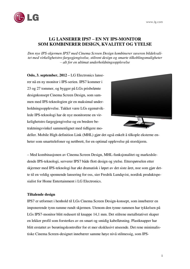 IFA 2012: LG LANSERER IPS7 – EN NY IPS-MONITOR  SOM KOMBINERER DESIGN, KVALITET OG YTELSE  