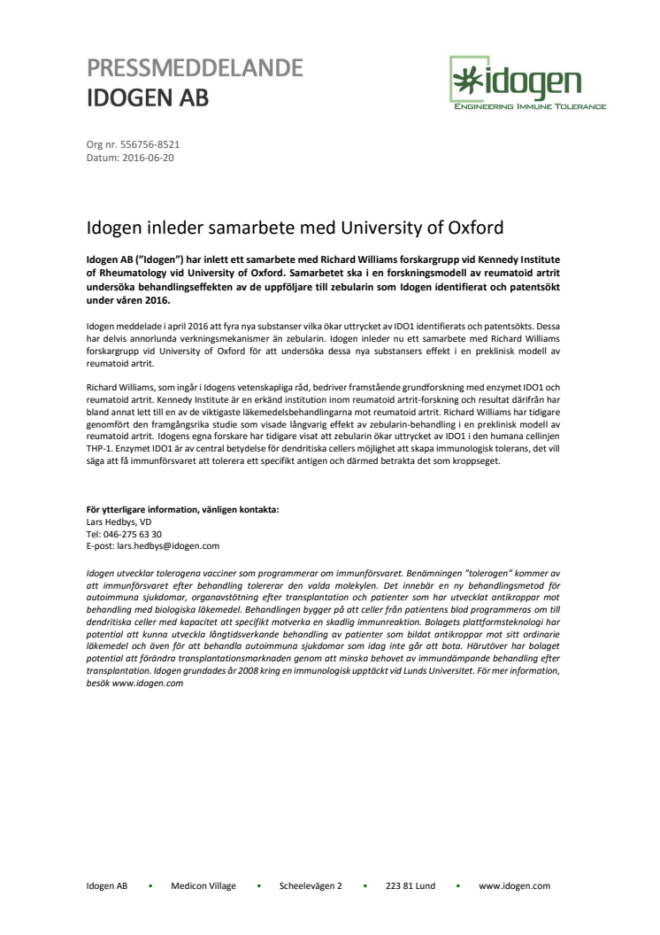 Idogen inleder samarbete med University of Oxford
