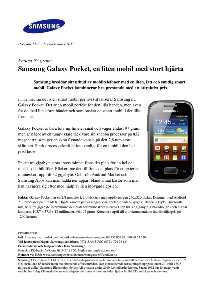 Endast 97 gram: Samsung Galaxy Pocket, en liten mobil med stort hjärta