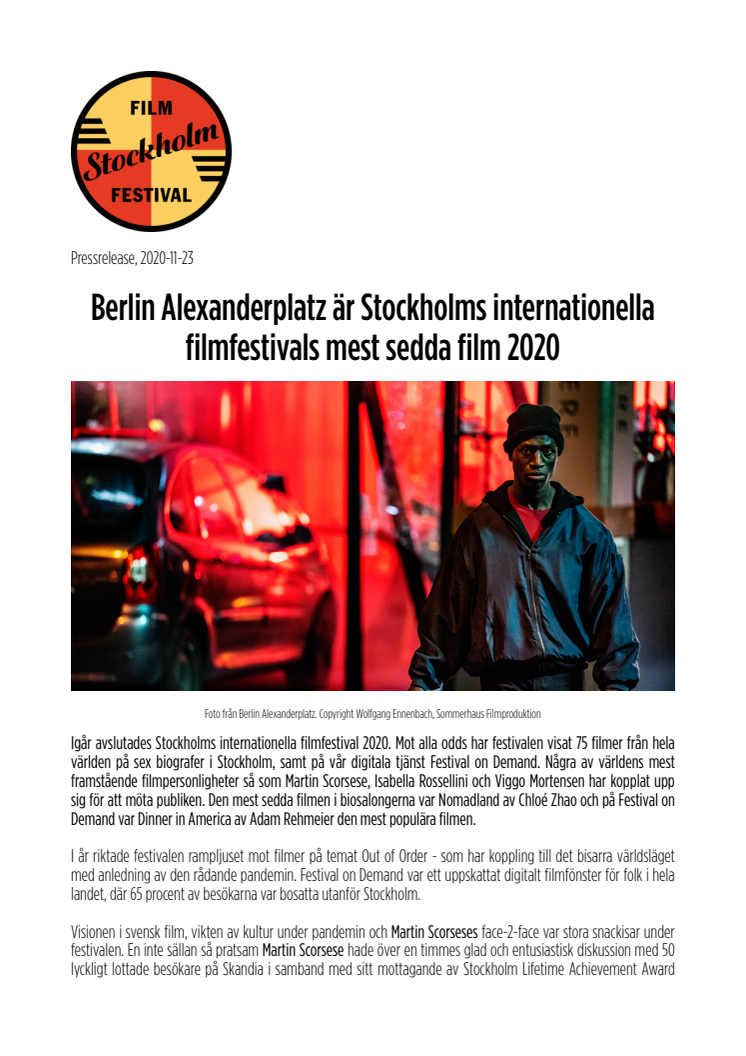 Berlin Alexanderplatz är Stockholms internationella filmfestivals mest sedda film 2020
