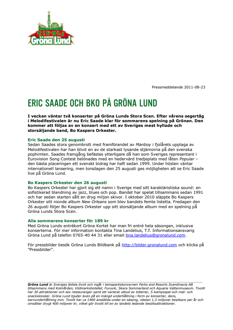 Eric Saade och BKO på Gröna Lund