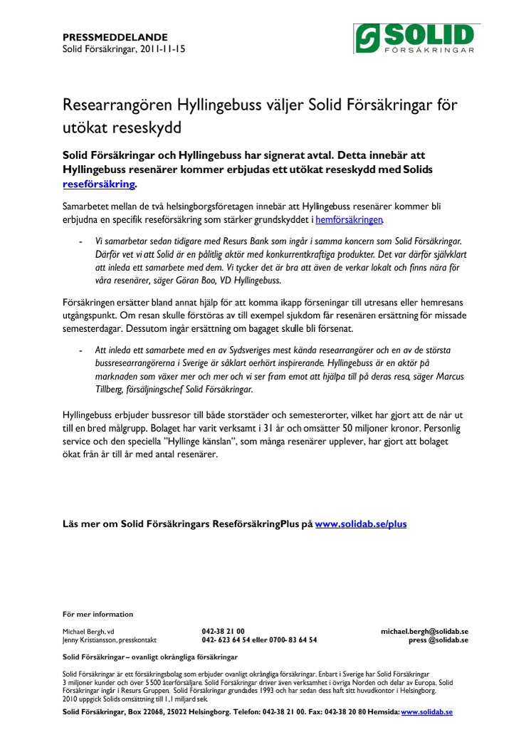 Researrangören Hyllingebuss väljer Solid Försäkringar för utökat reseskydd