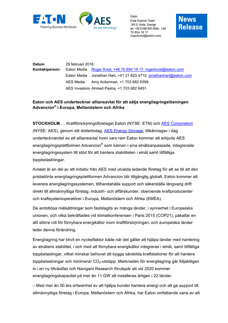 ​Eaton och AES undertecknar alliansavtal för att sälja energilagringslösningen Advancion i Europa, Mellanöstern och Afrika