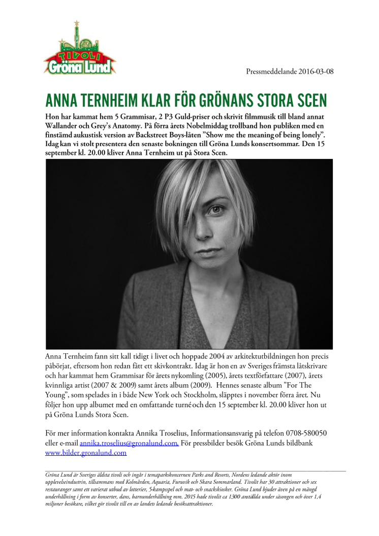 Anna Ternheim klar för Grönans Stora Scen