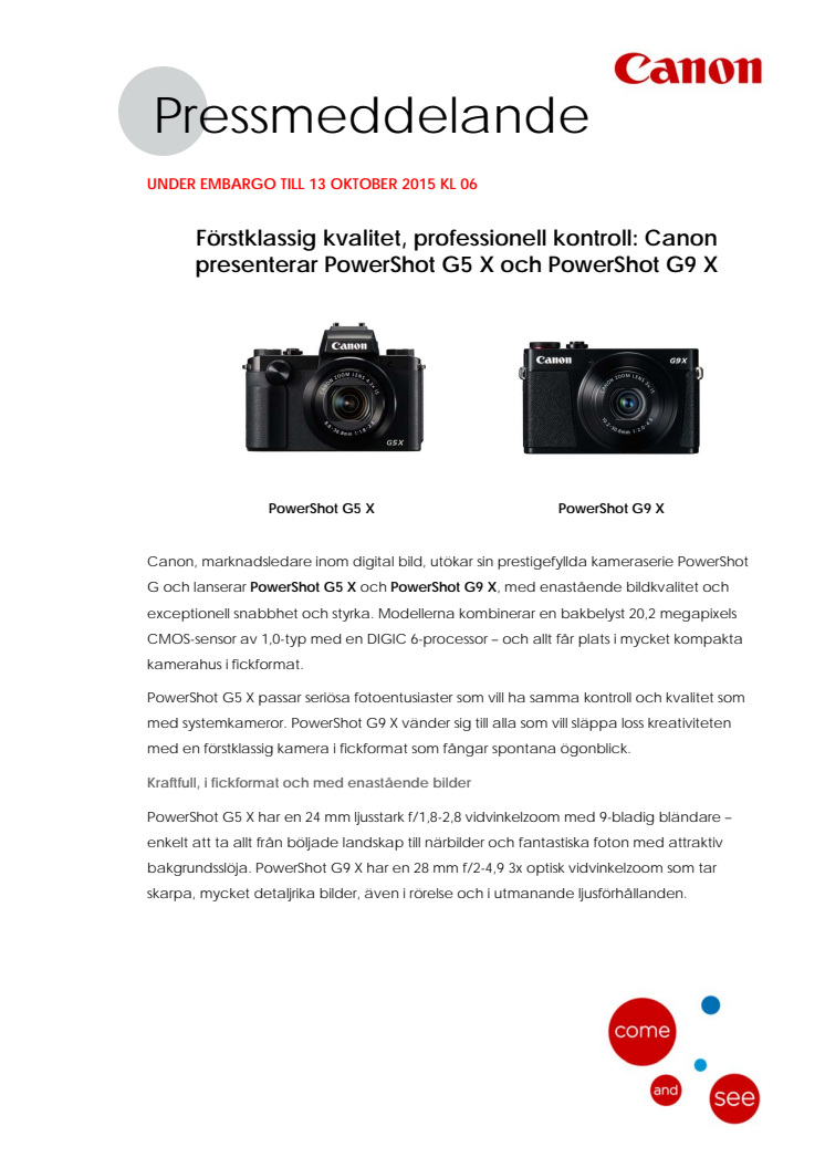 Förstklassig kvalitet, professionell kontroll: Canon presenterar PowerShot G5 X och PowerShot G9 X