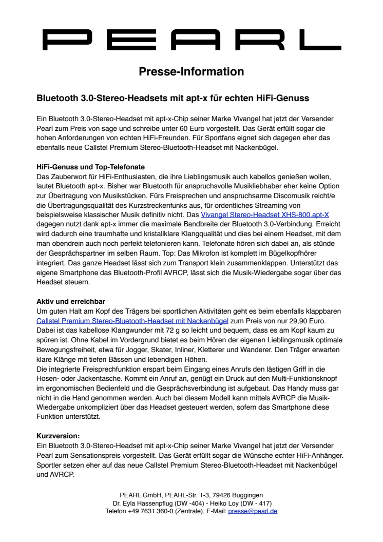 Bluetooth 3.0-Stereo-Headsets mit apt-x für echten HiFi-Genuss