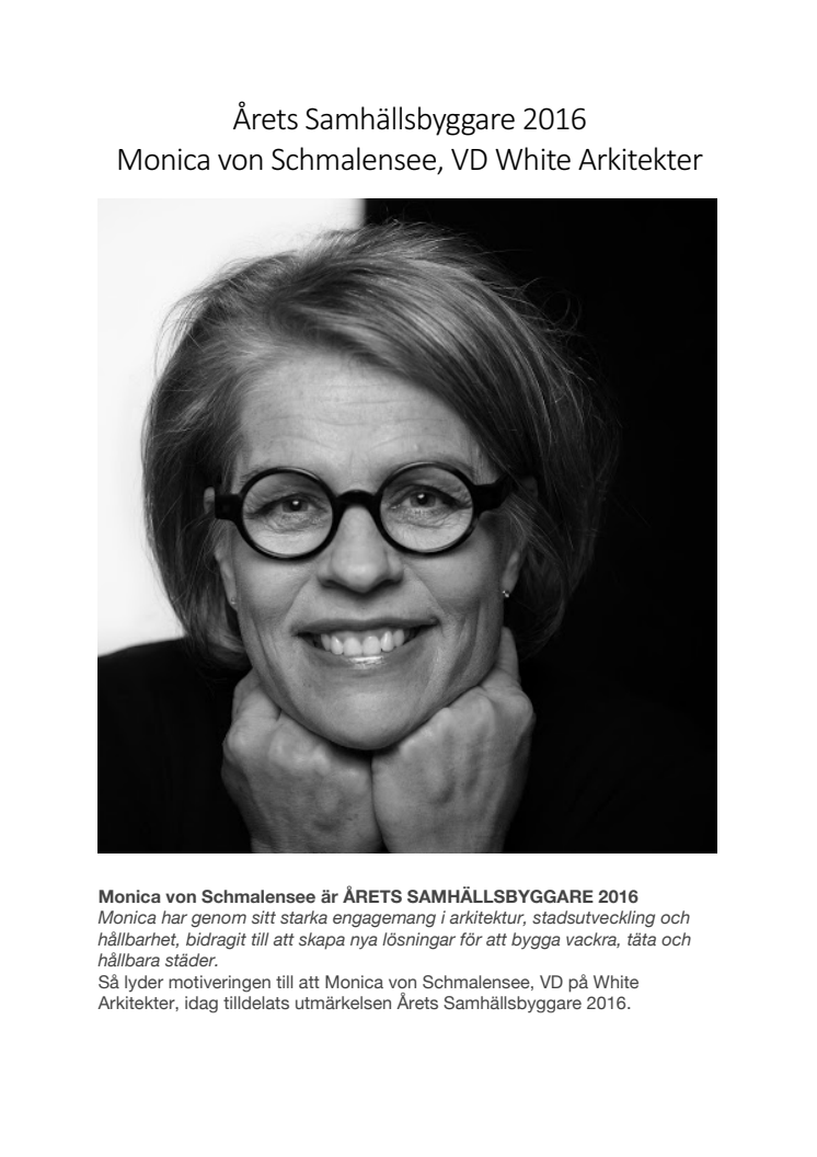 Monica von Schmalensee är Årets Samhällsbyggare 2016!