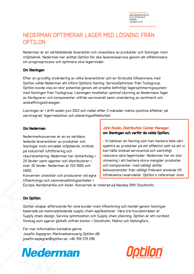 Nederman optimerar lager med lösning från Optilon