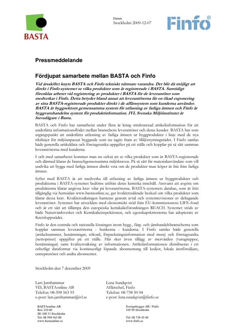 Fördjupat samarbete mellan BASTA och Finfo