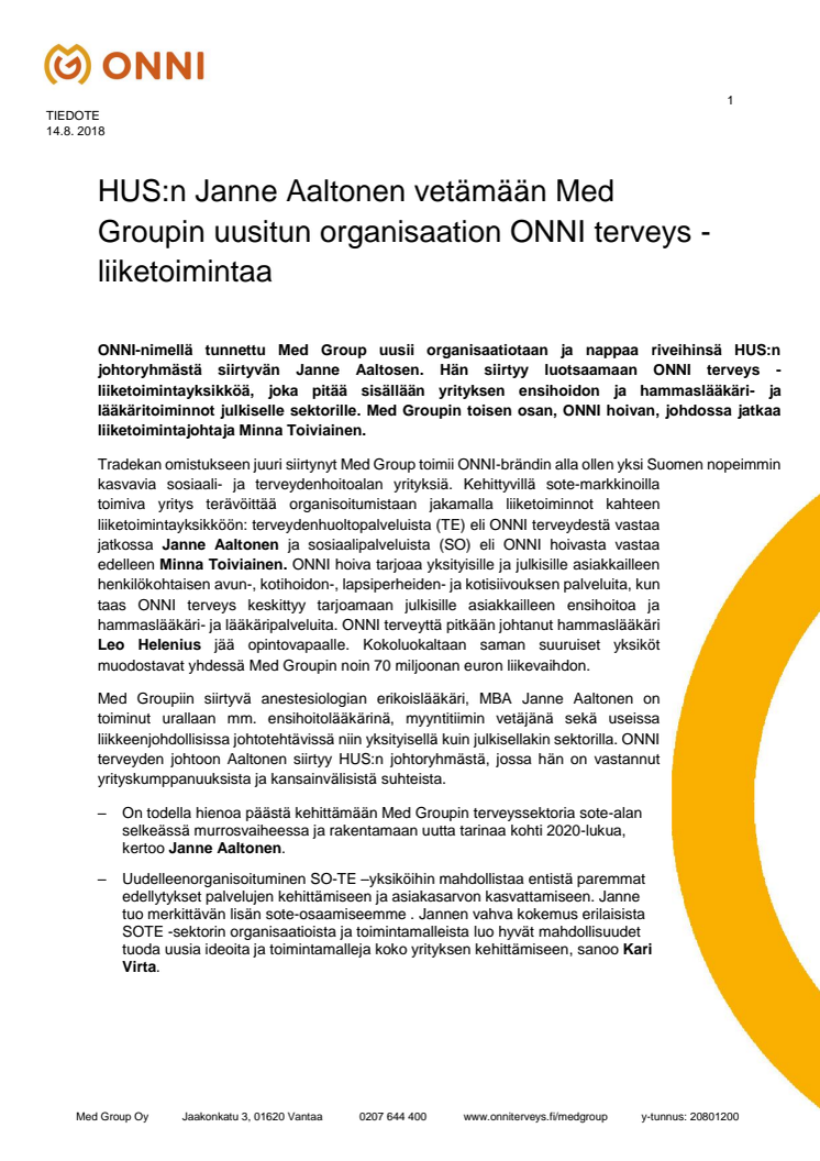 HUS:n Janne Aaltonen vetämään Med Groupin uusitun organisaation ONNI terveys -liiketoimintaa