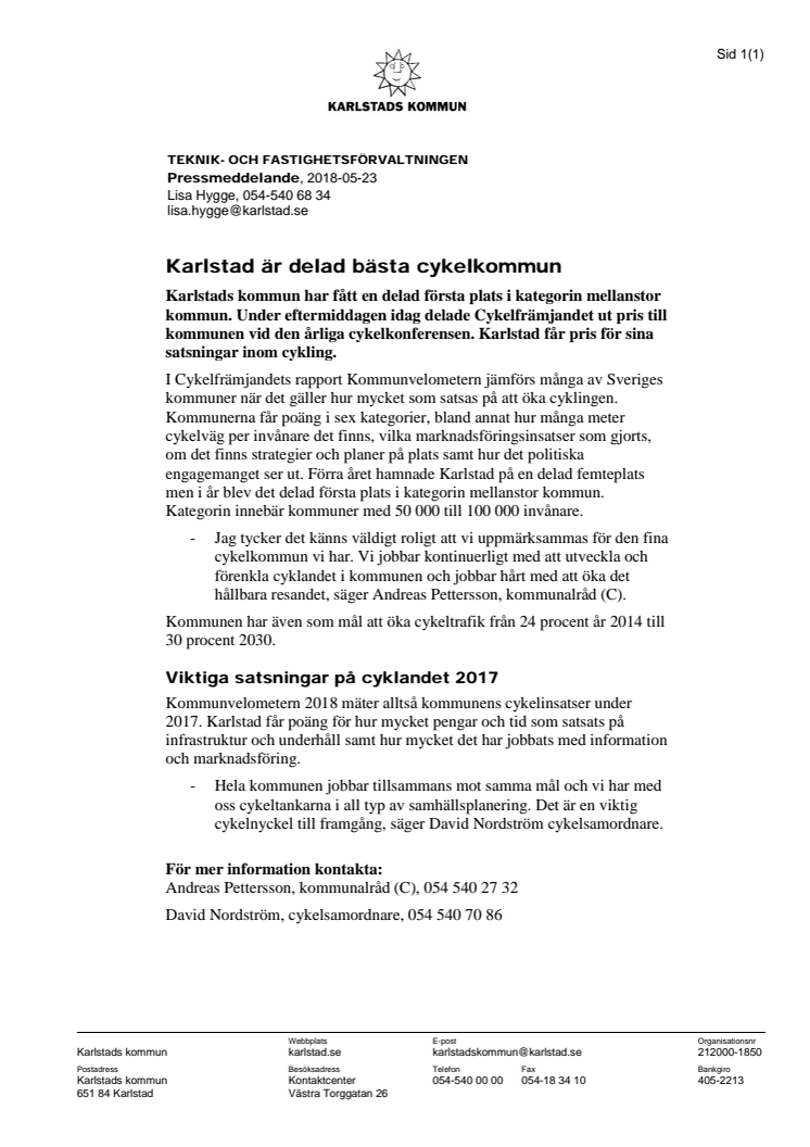 Karlstad är delad bästa cykelkommun