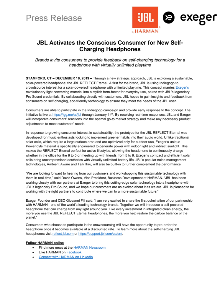 ​JBL and Exeger Activates the Conscious Consumer for New Self-Charging Headphones