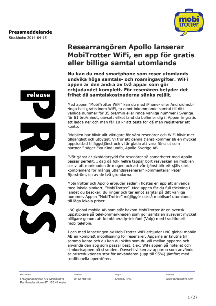 MobiTrotter WiFi, smart app för gratis eller billiga samtal utomlands - nu på marknaden