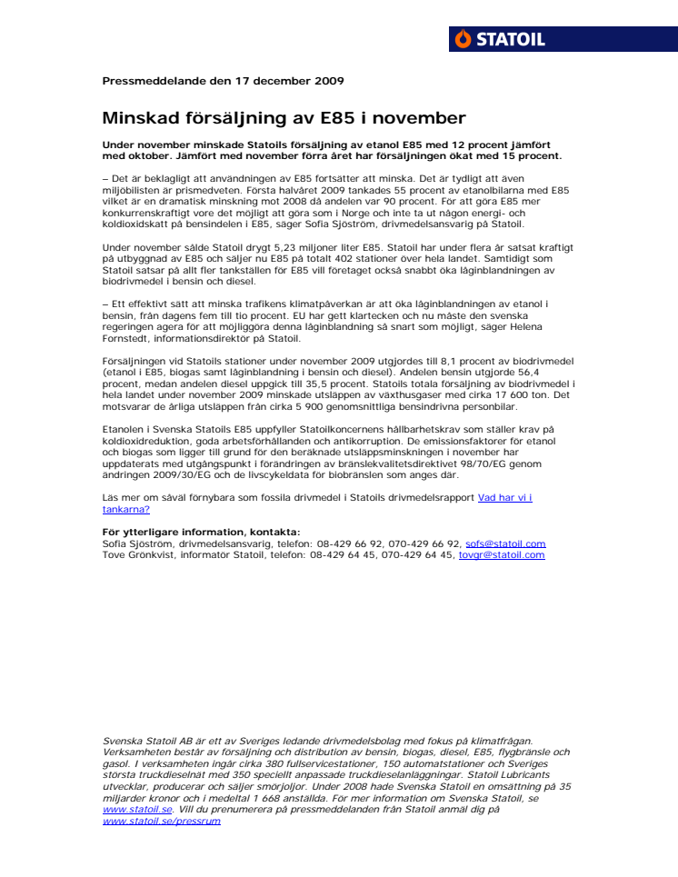 Minskad försäljning av E85 i november