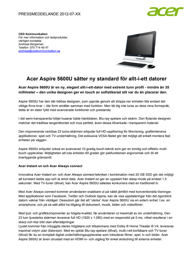 Acer Aspire 5600U sätter ny standard för allt-i-ett datorer