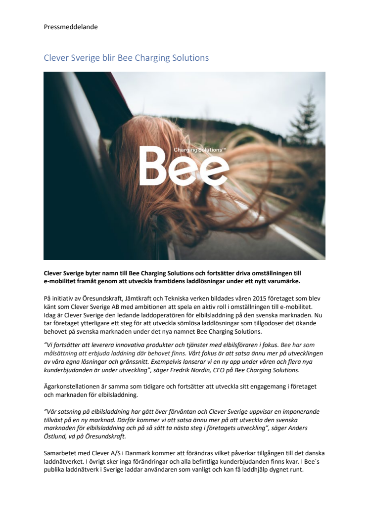 ​Clever Sverige byter namn till Bee Charging Solutions