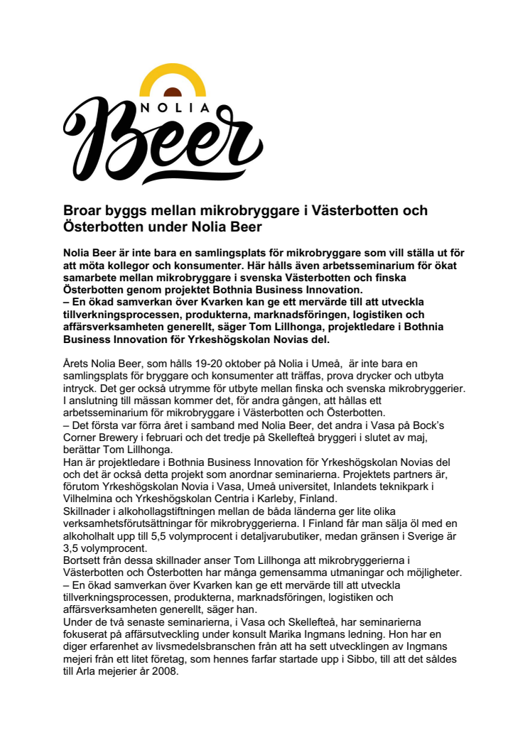 Broar byggs mellan mikrobryggare i Västerbotten och Österbotten under Nolia Beer