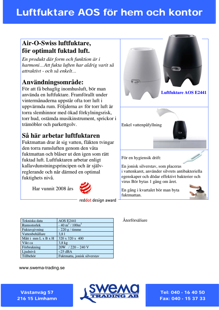 Luftfuktare Air-O-Swiss E2441A produktblad