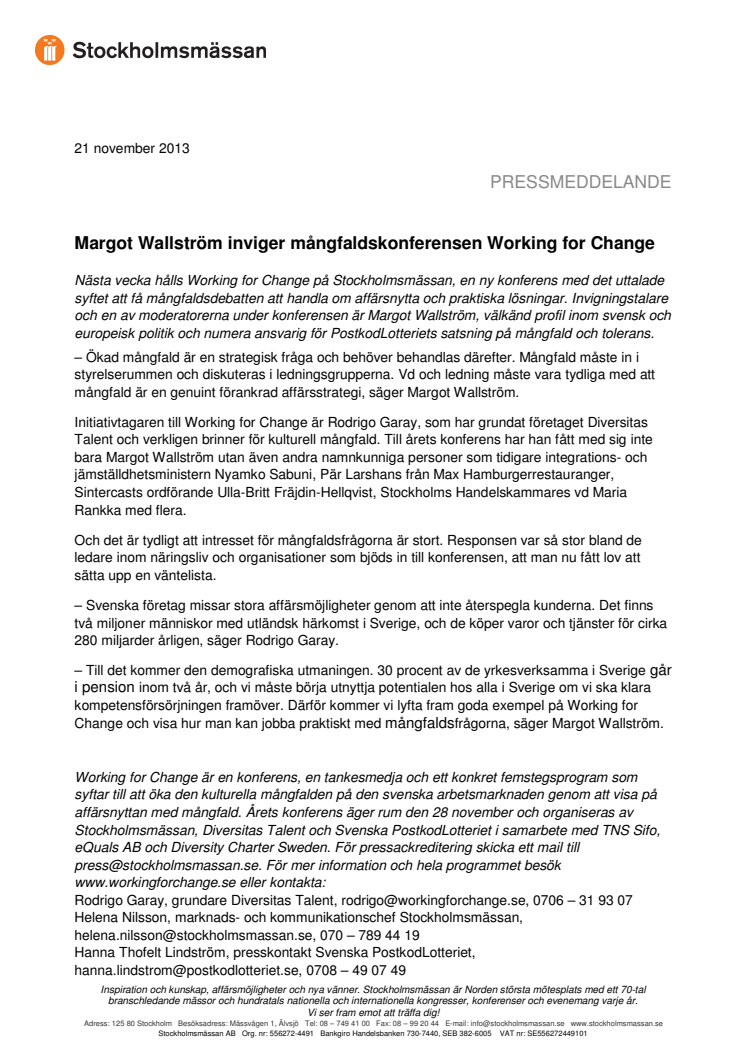 Margot Wallström inviger mångfaldskonferensen Working for Change