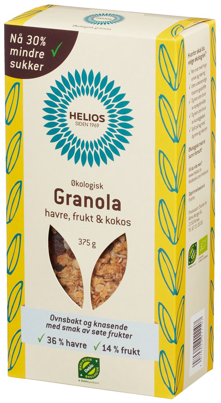 Helios granola havre frukt kokos økologisk 375 g skrått