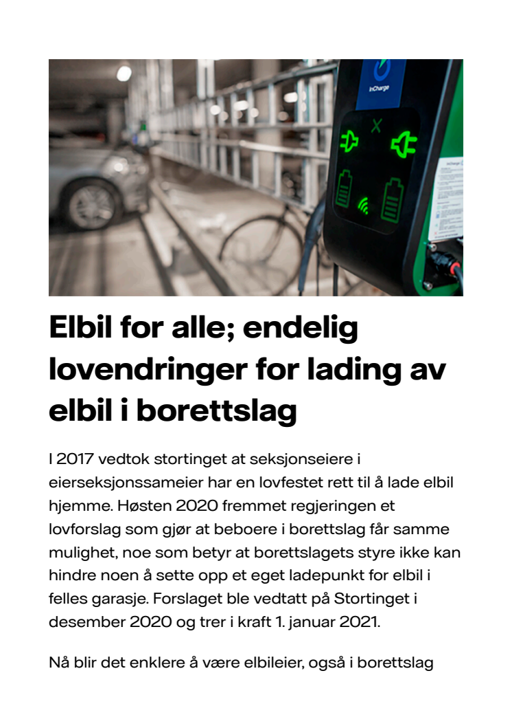 Elbil for alle; endelig lovendringer for lading av elbil i borettslag