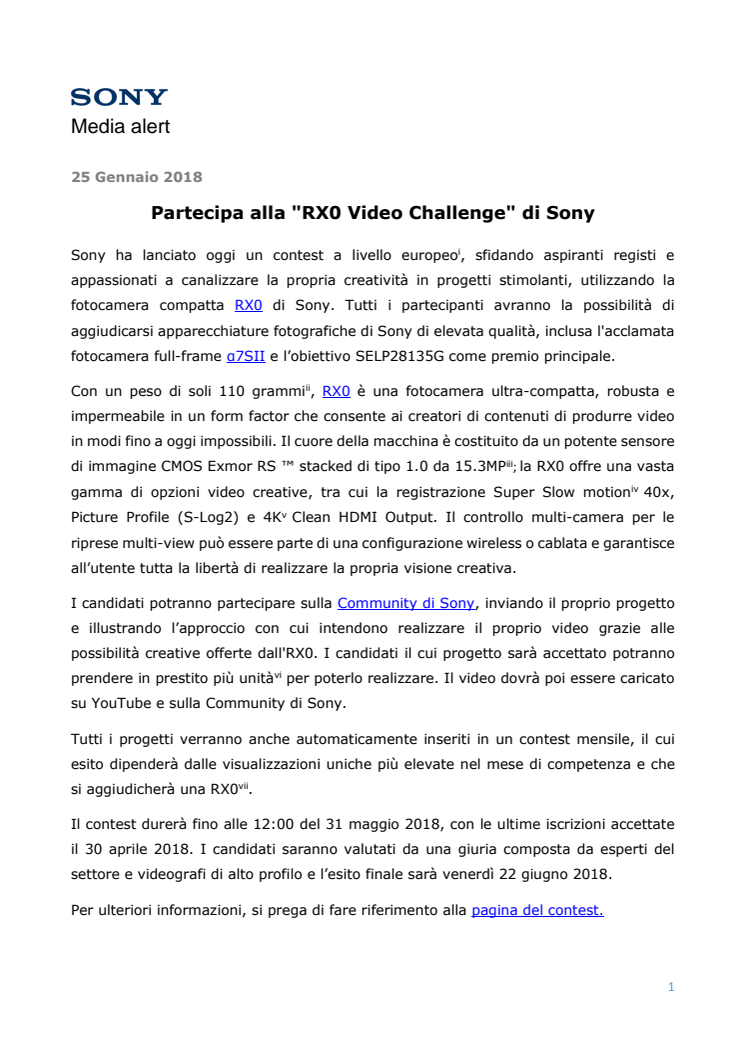Partecipa alla "RX0 Video Challenge" di Sony