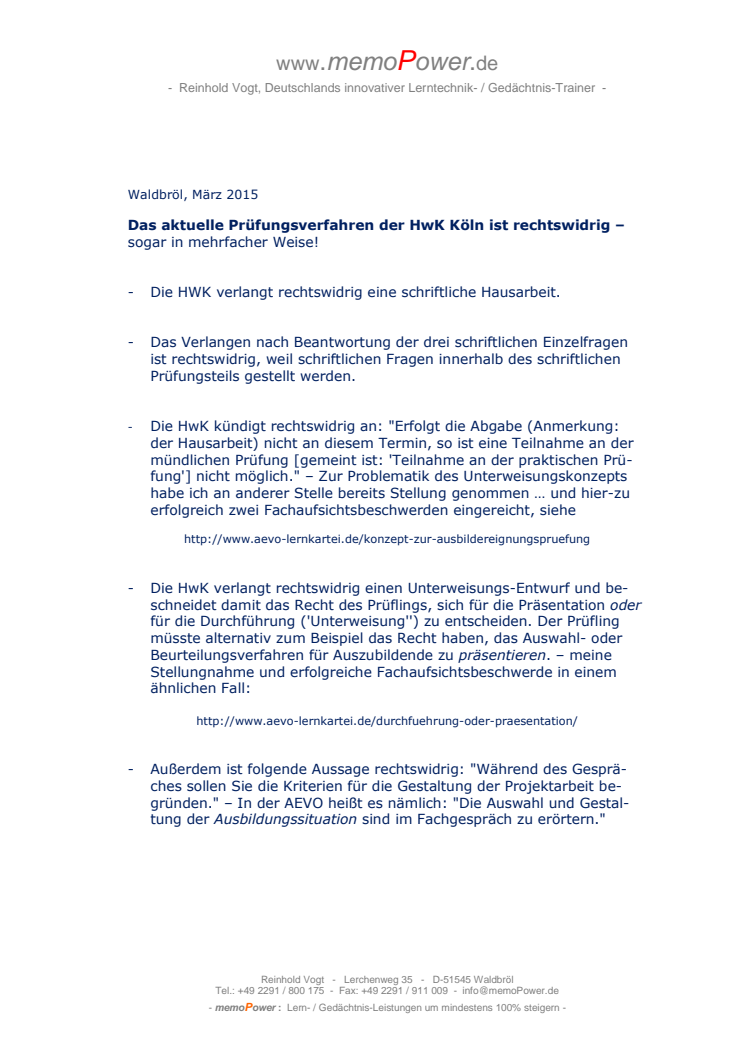 Rechtswidrige Ausbildereignungsprüfung bei der HwK Köln