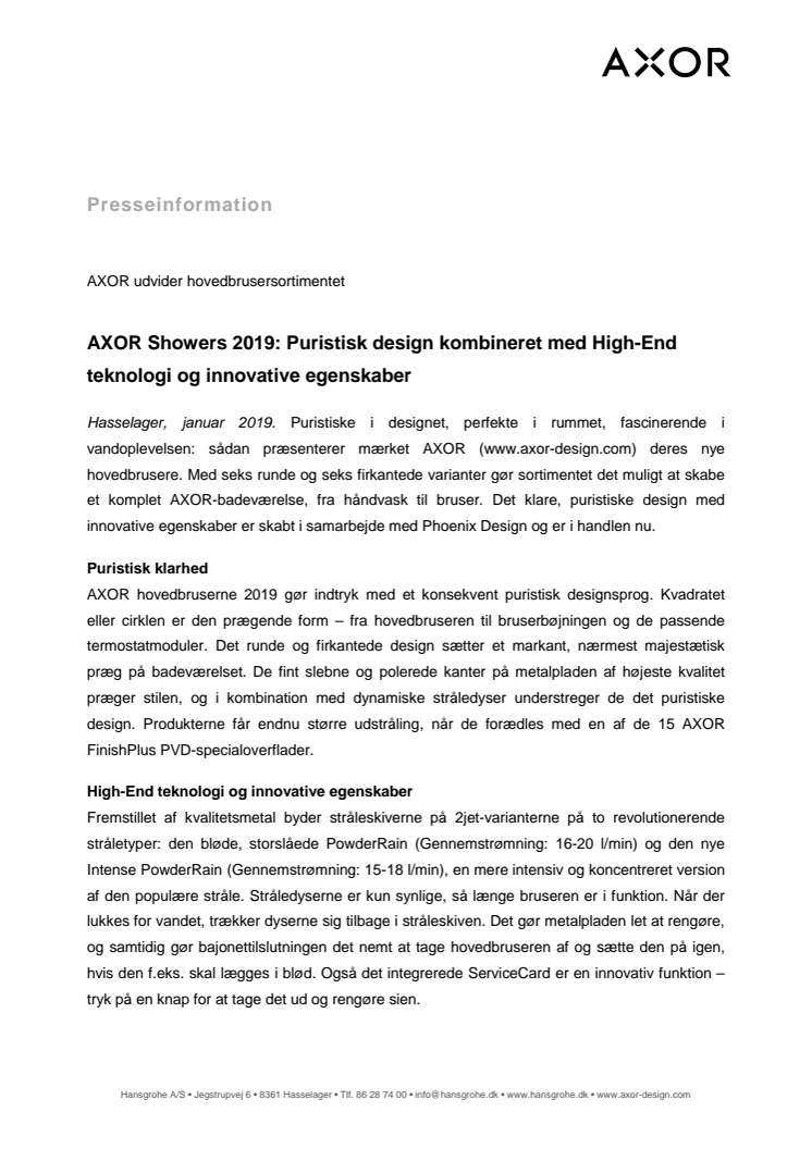 AXOR Showers 2019: Puristisk design kombineret med High-End teknologi og innovative egenskaber