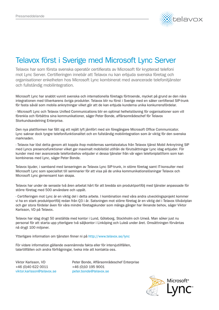 Telavox först i Sverige med säker telefoni mot Microsoft Lync Server