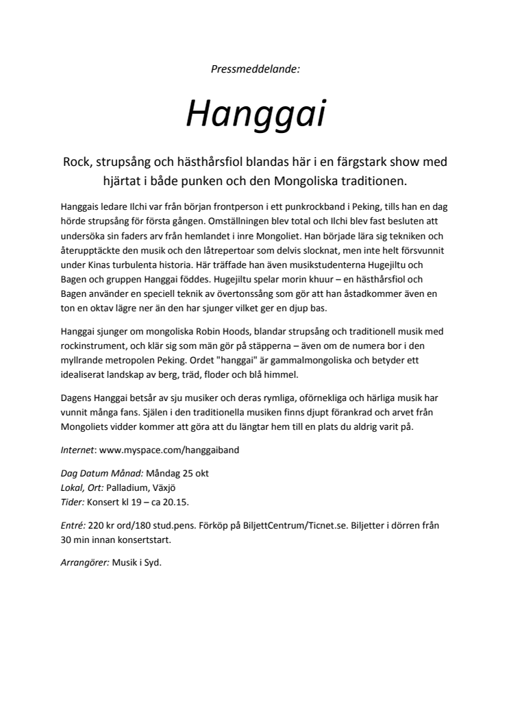 HANGGAI - kinesiskt gästspel - till VÄXJÖ 25 oktober