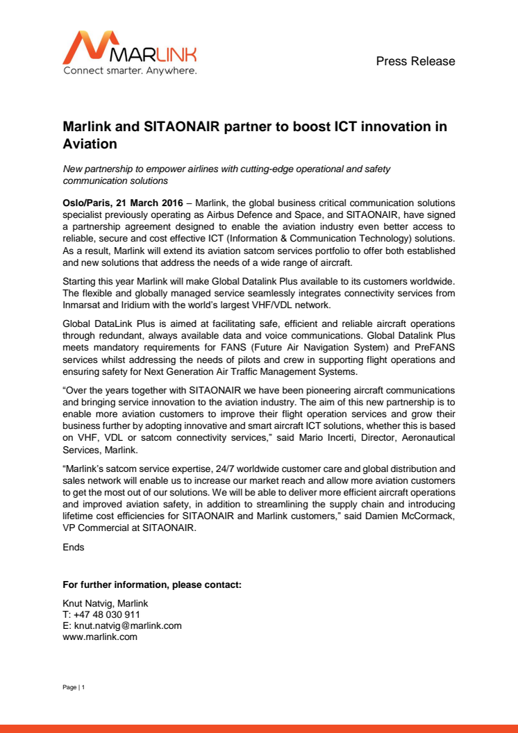Marlink: Marlink and SITAONAIR Partner to Boost Innovation in Aviation