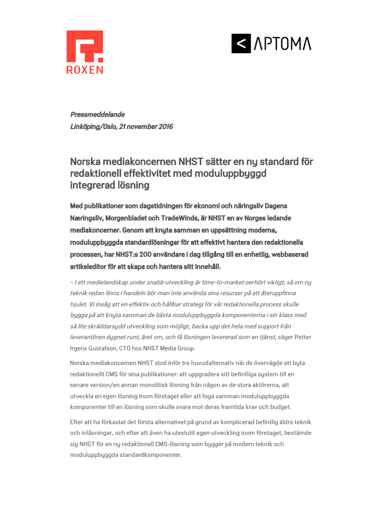 Norska mediakoncernen NHST sätter en ny standard för redaktionell effektivitet med moduluppbyggd integrerad lösning