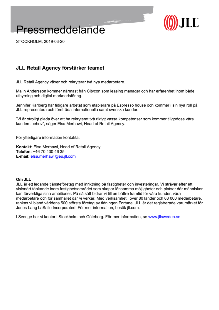 JLL Retail Agency förstärker teamet 