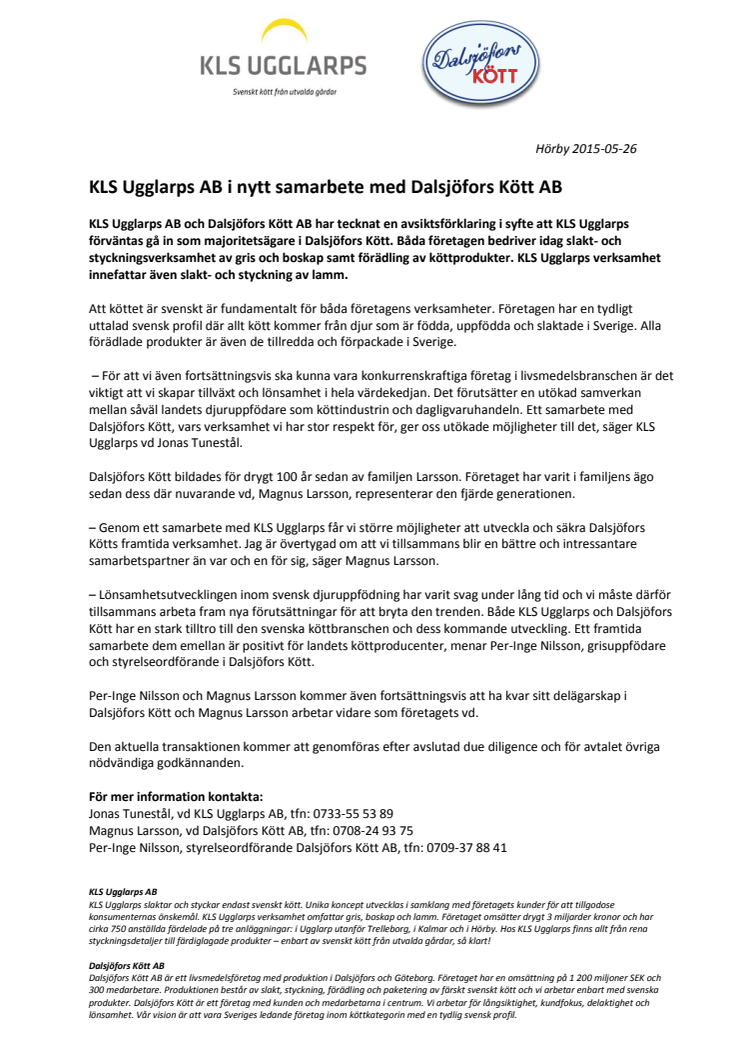 KLS Ugglarps AB i nytt samarbete med Dalsjöfors Kött AB