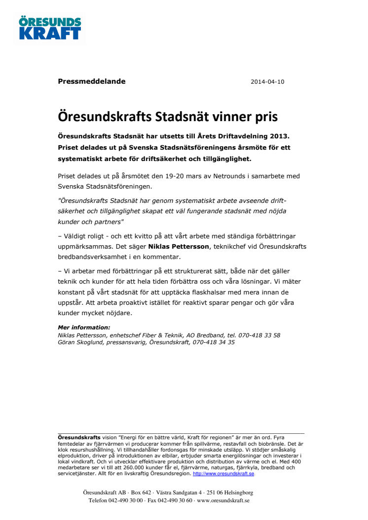 Öresundskrafts Stadsnät vinner pris