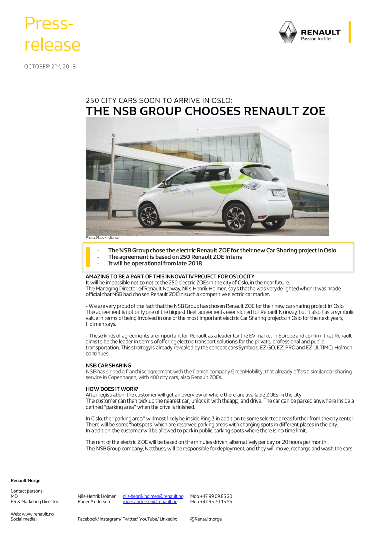 The NSB-Group chooses Renault ZOE