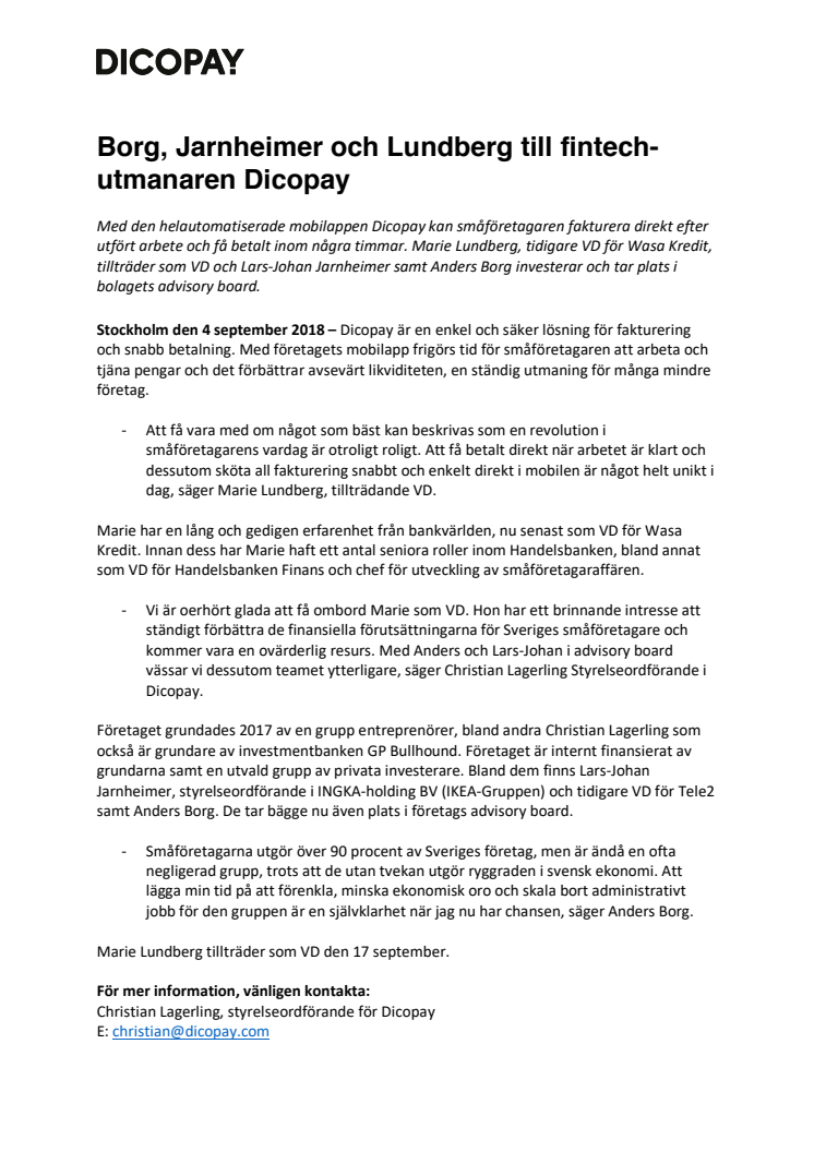 Borg, Jarnheimer och Lundberg till fintechutmanaren Dicopay