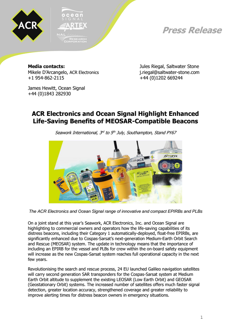 ACR Electronics and Ocean Signal Highlight Enhanced Life-Saving Benefits of MEOSAR-Compatible Beacons
